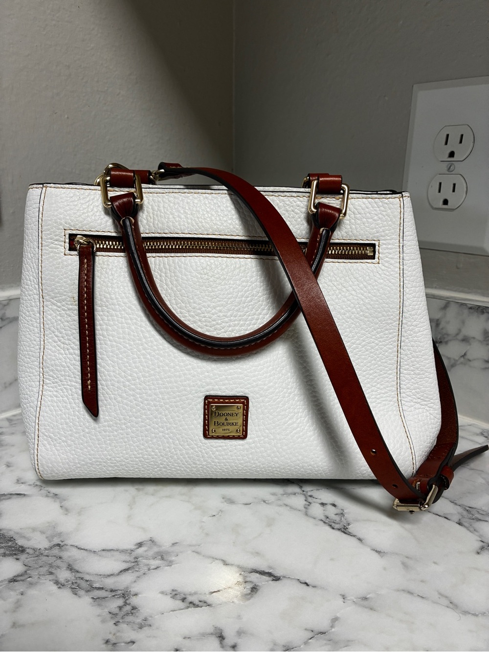 Dooney & Bourke Pebbled Leather Satchel with Brown Trim - Retired White